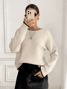 Serisse Women's Elegant Cute Bow Shoulder Long Sleeve Sweater,Black And White Bow Decoration On Back,Autumn Chic Top For Date Everyday,Tea Party,New Year,Prom - Apricot - View 5