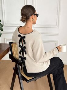 Serisse Women's Elegant Cute Bow Shoulder Long Sleeve Sweater,Black And White Bow Decoration On Back,Autumn Chic Top For Date Everyday,Tea Party,New Year,Prom - Apricot - View 6