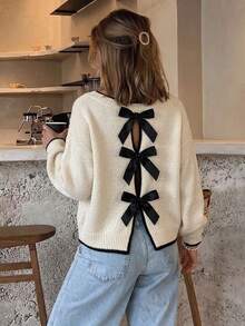 Serisse Women's Elegant Cute Bow Shoulder Long Sleeve Sweater,Black And White Bow Decoration On Back,Autumn Chic Top For Date Everyday,Tea Party,New Year,Prom - Apricot - View 9