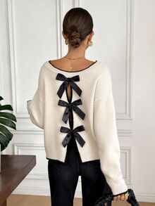 Serisse Women's Elegant Cute Bow Shoulder Long Sleeve Sweater,Black And White Bow Decoration On Back,Autumn Chic Top For Date Everyday,Tea Party,New Year,Prom - Apricot - View 8