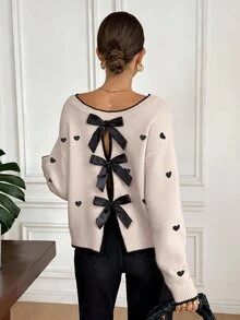 Serisse 法式新款愛心刺繡蝴蝶結設計女款休閒可愛浪漫愛心裝飾毛衣，黑色，秋季，時尚優雅，日常約會，情人節 - 彩色 - 查看 1