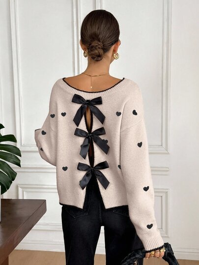 Serisse French-Style New Heart-Embroidered Bow Design Sweater Women's Casual Heart & Bow Decor,Black,Autumn,Chic,Elegant,Dates,Valentine's Day,Beach,Wedding