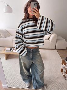 SHEIN EZwear 海外長袖草莓巧克力條紋上衣，秋季上衣，適合日常通勤、聚會、秋冬春夏、聖誕節、新年、感恩節、派對、婚禮、海灘、畢業典禮、優雅、外出、約會、通勤、情人節、優雅、度假、Y2K、畢業典禮等場合 - 彩色 - 查看 6