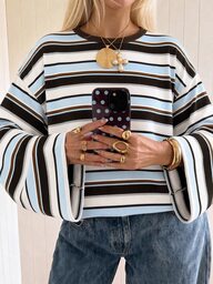 SHEIN EZwear Top a maniche lunghe a righe fragola e cioccolato, top autunnale, adatto per pendolarismo quotidiano, riunioni, autunno/inverno/primavera/estate, Natale, Capodanno, Ringraziamento, feste, matrimoni, spiaggia, cerimonia di laurea, elegante, uscite, appuntamenti, pendolarismo, San Valentino, elegante, vacanze, Y2K, cerimonia di laurea e altre occasioni