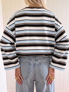 SHEIN EZwear 海外長袖草莓巧克力條紋上衣，秋季上衣，適合日常通勤、聚會、秋冬春夏、聖誕節、新年、感恩節、派對、婚禮、海灘、畢業典禮、優雅、外出、約會、通勤、情人節、優雅、度假、Y2K、畢業典禮等場合 - 彩色 - 查看 2