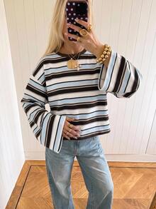 SHEIN EZwear 海外長袖草莓巧克力條紋上衣，秋季上衣，適合日常通勤、聚會、秋冬春夏、聖誕節、新年、感恩節、派對、婚禮、海灘、畢業典禮、優雅、外出、約會、通勤、情人節、優雅、度假、Y2K、畢業典禮等場合 - 彩色 - 查看 5