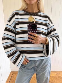 SHEIN EZwear 海外長袖草莓巧克力條紋上衣，秋季上衣，適合日常通勤、聚會、秋冬春夏、聖誕節、新年、感恩節、派對、婚禮、海灘、畢業典禮、優雅、外出、約會、通勤、情人節、優雅、度假、Y2K、畢業典禮等場合 - 彩色 - 查看 4