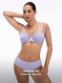 LUVLETTE Plus Unlined Full Coverage Side Support Purple Mesh Sheer Basic Breezy Comfort Minimizer Women Lingerie Intimates Bra - Lilac Purple - View 9