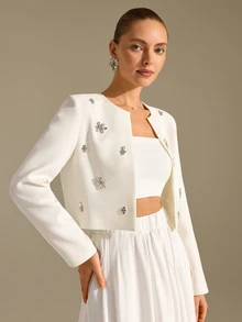 SHEIN سترة نسائية أنيقة بيضاء مطوية على الكتف مرصعة بالراينستون: قصة ضيقة وشكل هيكلي - أبيض - مشاهدة 5