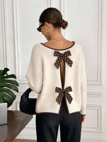 Serisse Women's Long Sleeve Sweater With Polka Dot And Bow Decor On Back - Apricot - View 6