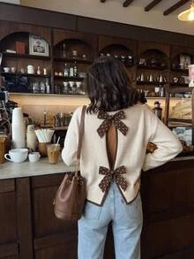 Serisse Women's Long Sleeve Sweater With Polka Dot And Bow Decor On Back - Apricot - View 9