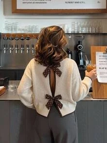 Serisse Women's Long Sleeve Sweater With Polka Dot And Bow Decor On Back - Apricot - View 5