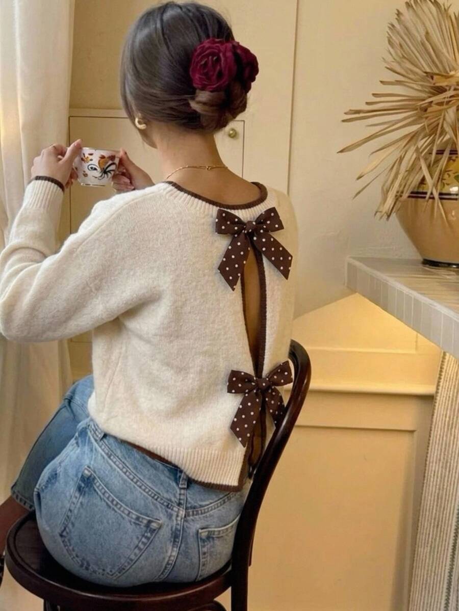 Serisse Women's Long Sleeve Sweater With Polka Dot And Bow Decor On Back - Apricot - View 1