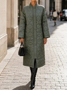 RosyDaze City Series Collection, Women's Waterproof Onion-Quilted Maxi Coat With A Sleek Ribbed Bomber Collar, Hidden Side Pockets, And Daily Oversized Silhouette - Army Green - View 1