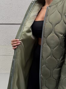 RosyDaze City Series Collection, Women's Waterproof Onion-Quilted Maxi Coat With A Sleek Ribbed Bomber Collar, Hidden Side Pockets, And Daily Oversized Silhouette - Army Green - View 8