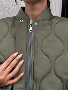 RosyDaze City Series Collection, Women's Waterproof Onion-Quilted Maxi Coat With A Sleek Ribbed Bomber Collar, Hidden Side Pockets, And Daily Oversized Silhouette - Army Green - View 6