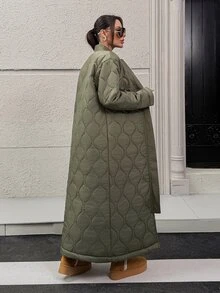 RosyDaze City Series Collection, Women's Waterproof Onion-Quilted Maxi Coat With A Sleek Ribbed Bomber Collar, Hidden Side Pockets, And Daily Oversized Silhouette - Army Green - View 2