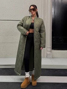 RosyDaze City Series Collection, Women's Waterproof Onion-Quilted Maxi Coat With A Sleek Ribbed Bomber Collar, Hidden Side Pockets, And Daily Oversized Silhouette - Army Green - View 3