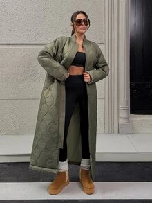 RosyDaze City Series Collection, Women's Waterproof Onion-Quilted Maxi Coat With A Sleek Ribbed Bomber Collar, Hidden Side Pockets, And Daily Oversized Silhouette - Army Green - View 7
