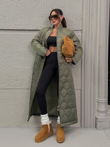 RosyDaze City Series Collection, Women's Waterproof Onion-Quilted Maxi Coat With A Sleek Ribbed Bomber Collar, Hidden Side Pockets, And Daily Oversized Silhouette - Army Green - View 5