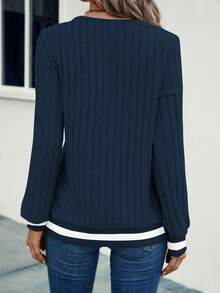 EMERY ROSE Women Casual V-Neck Ribbed Sweatshirt For Everyday Wear,Long Sleeve Tops,Graduation,Teacher,Back To School Pullover Fall - Navy Blue - View 2