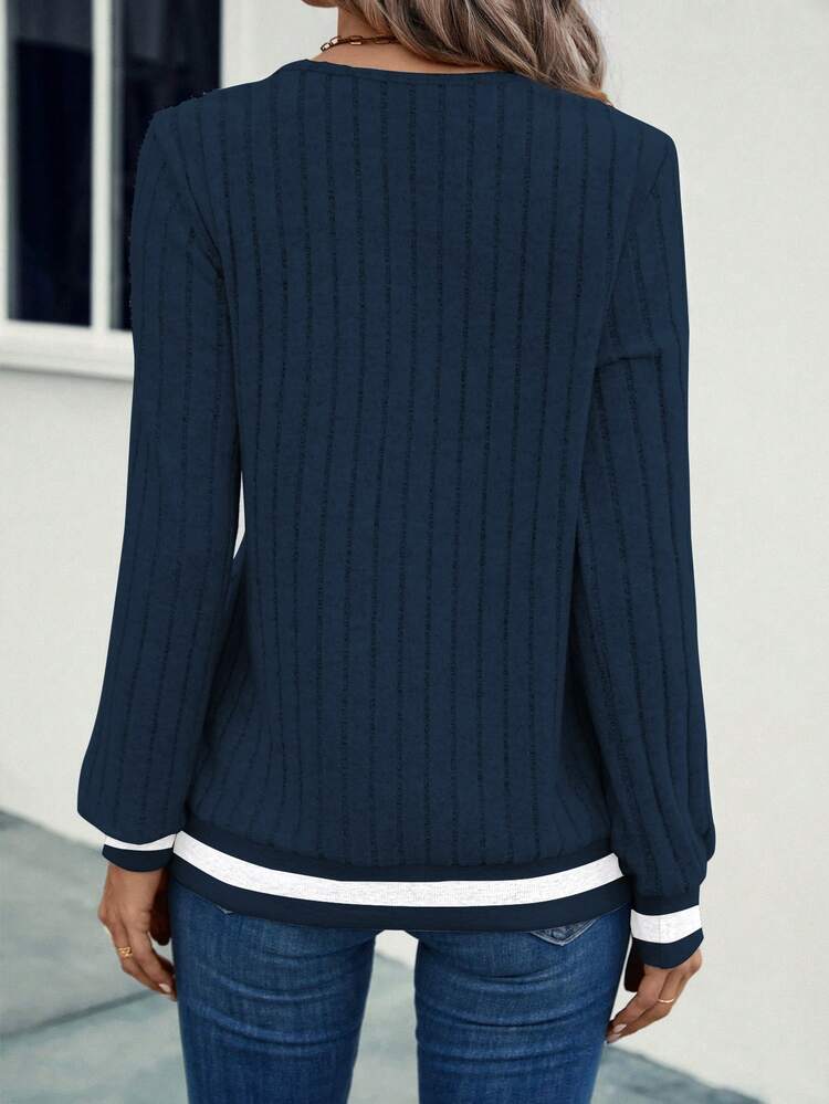 EMERY ROSE Women Casual V-Neck Ribbed Sweatshirt For Everyday Wear,Long Sleeve Tops,Graduation,Teacher,Back To School Pullover Fall - Navy Blue - View 2
