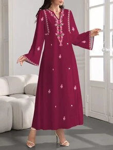 SHEIN Najma 女士花卉菱形图案数码印花V领喇叭袖优雅阿拉伯风格连衣裙，春秋季 - 彩色 - 查看 3