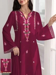 SHEIN Najma 女士花卉菱形图案数码印花V领喇叭袖优雅阿拉伯风格连衣裙，春秋季 - 彩色 - 查看 1