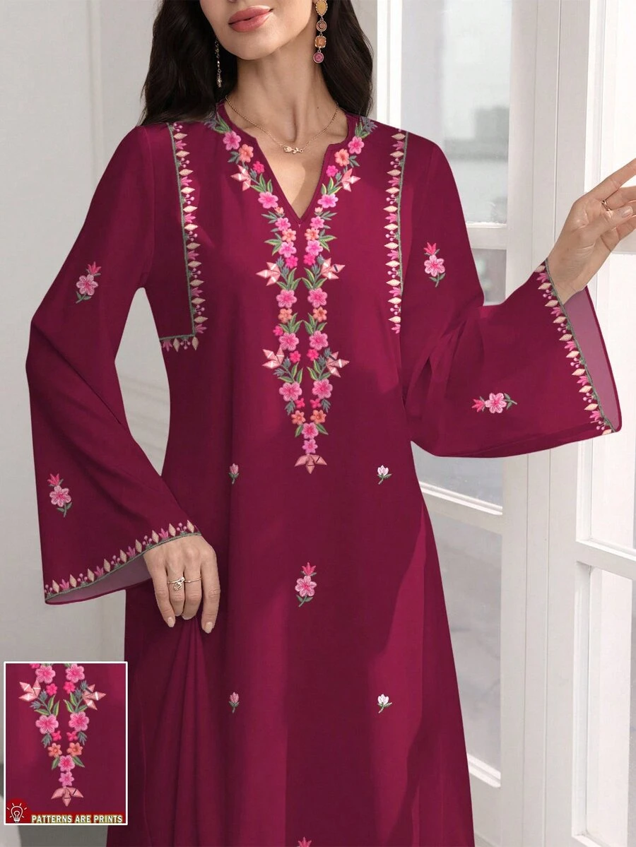 SHEIN Najma 女士花卉菱形图案数码印花V领喇叭袖优雅阿拉伯风格连衣裙,春秋季 - 彩色 - 查看 1