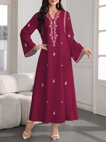 SHEIN Najma 女士花卉菱形图案数码印花V领喇叭袖优雅阿拉伯风格连衣裙，春秋季 - 彩色 - 查看 4