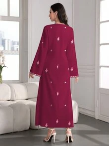 SHEIN Najma 女士花卉菱形图案数码印花V领喇叭袖优雅阿拉伯风格连衣裙，春秋季 - 彩色 - 查看 2