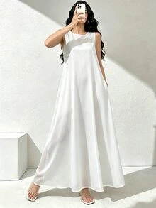 SHEIN Najma 女款白色時尚圓領無袖長洋裝，花卉圖案緞面優雅端莊日常洋裝，可穿在阿巴雅內層，適合婚禮與秋季 - 白色 - 查看 4