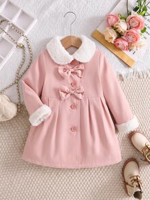 SHEIN 女童小女孩 Borg 毛領前領結秋冬大衣 - 粉色 - 查看 9