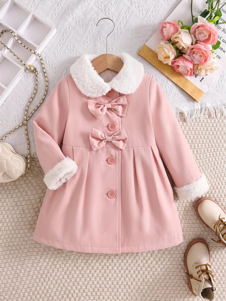 SHEIN Kids Young Girl Young Girl Borg Collar Bow Front Autumn Winter Overcoat - Pink - View 9