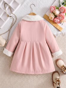 SHEIN 女童小女孩 Borg 毛領前領結秋冬大衣 - 粉色 - 查看 2