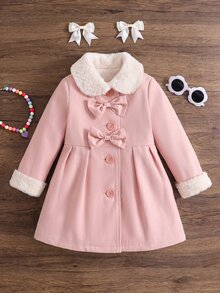 SHEIN 女童小女孩 Borg 毛領前領結秋冬大衣 - 粉色 - 查看 5