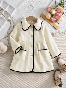 SHEIN 少女休閒百搭復古優雅撞色外套，適合秋冬日常穿著 - 杏色 - 查看 6