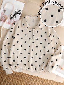 SHEIN 少女針織波點半鈕扣POLO領寬鬆休閒衛衣 - 彩色 - 查看 2