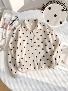 SHEIN 少女針織波點半鈕扣POLO領寬鬆休閒衛衣 - 彩色 - 查看 1