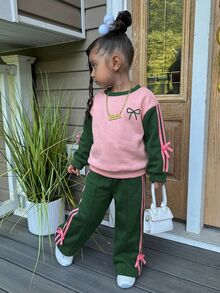 SHEIN Young Girl Young Girl Casual Solid Knit Autumn Sweatshirt And Wide Leg Sweatpants Set,Winter - Multicolor - View 5