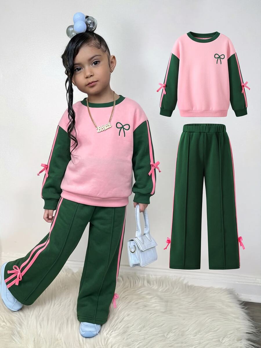 SHEIN Young Girl Young Girl Casual Solid Knit Autumn Sweatshirt And Wide Leg Sweatpants Set,Winter - Multicolor - View 1