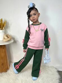 SHEIN Young Girl Young Girl Casual Solid Knit Autumn Sweatshirt And Wide Leg Sweatpants Set,Winter - Multicolor - View 4