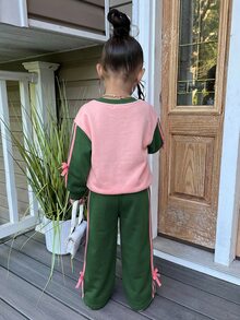 SHEIN Young Girl Young Girl Casual Solid Knit Autumn Sweatshirt And Wide Leg Sweatpants Set,Winter - Multicolor - View 2