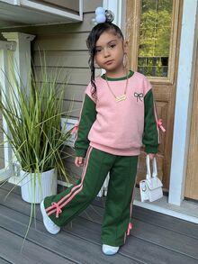 SHEIN Young Girl Young Girl Casual Solid Knit Autumn Sweatshirt And Wide Leg Sweatpants Set,Winter - Multicolor - View 3
