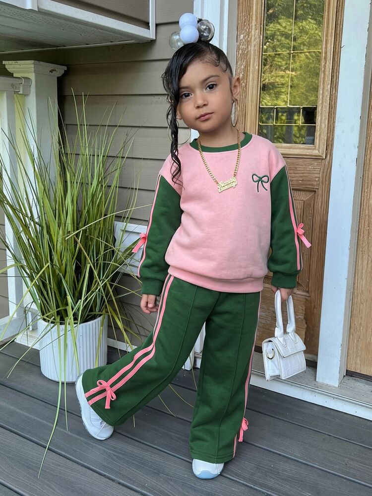 SHEIN Young Girl Young Girl Casual Solid Knit Autumn Sweatshirt And Wide Leg Sweatpants Set,Winter - Multicolor - View 3