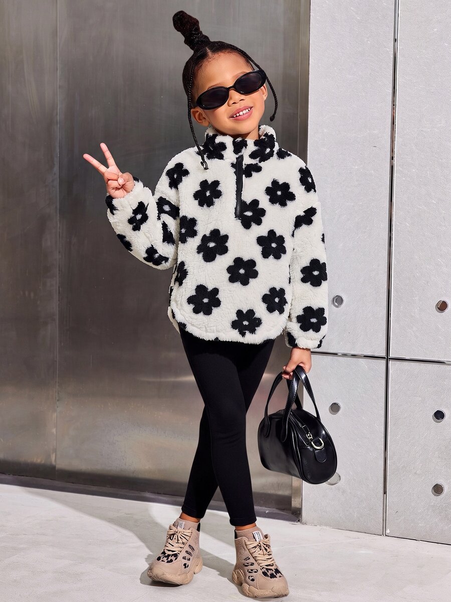 SHEIN Kids Young Girls Double-Sided Plush Heart Print Zip-Up Sweatshirt And Leggings Set, Suitable For Casual Daily Wear In Autumn And Winter - Multicolor - View 1