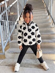 SHEIN Kids Young Girls Double-Sided Plush Heart Print Zip-Up Sweatshirt And Leggings Set, Suitable For Casual Daily Wear In Autumn And Winter - Multicolor - View 3