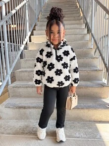 SHEIN Kids Young Girls Double-Sided Plush Heart Print Zip-Up Sweatshirt And Leggings Set, Suitable For Casual Daily Wear In Autumn And Winter - Multicolor - View 5