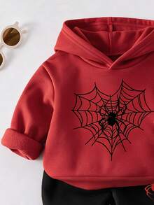 SHEIN 2pcs Baby Boy Fashion Spiderweb Print Hooded Fleece Sweatshirt And Spiderweb Print Fleece Sweatpants Set, Suitable For Outings In Autumn/Winter Fall - Multicolor - View 5