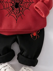 SHEIN 2pcs Baby Boy Fashion Spiderweb Print Hooded Fleece Sweatshirt And Spiderweb Print Fleece Sweatpants Set, Suitable For Outings In Autumn/Winter Fall - Multicolor - View 6